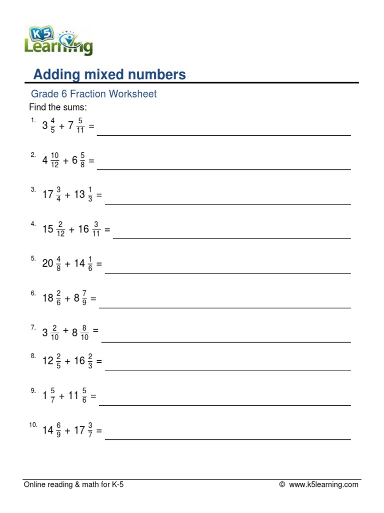 Adding Mixed Numbers: Grade 6 Fraction Worksheet | PDF | Signal ...