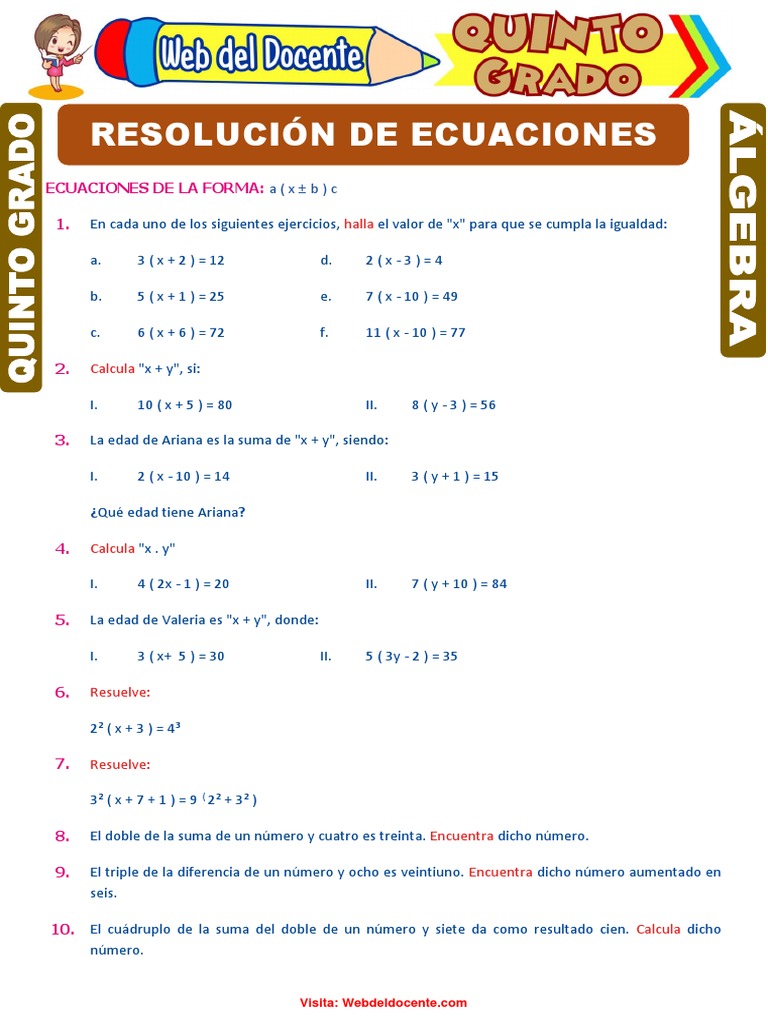Resolución de Ecuaciones para Quinto Grado de Primaria 1 PDF