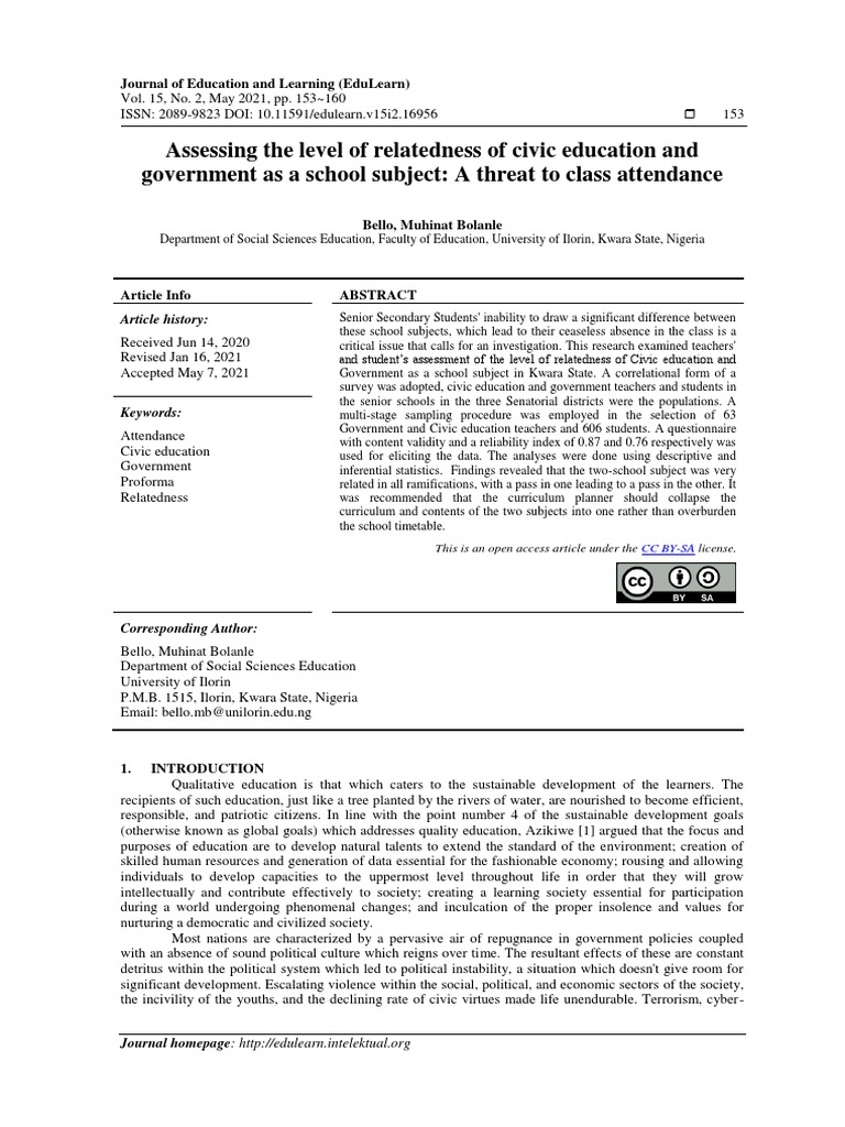 Assessing The Level Of Relatedness Of Civic Education And Government As