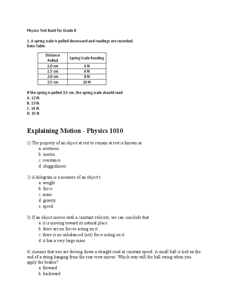 Physics Test Bank For Grade 8 | PDF | Force | Electric Charge
