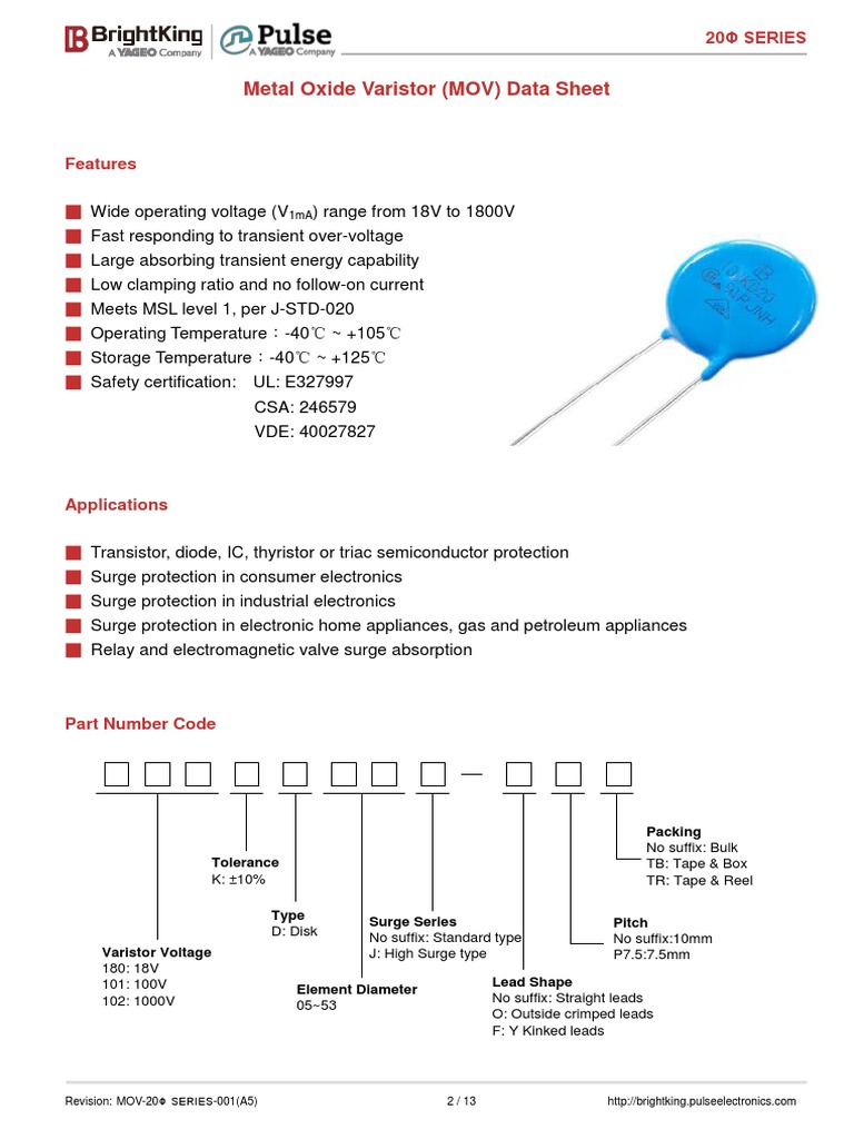 Metal Oxide Varistor (MOV) Data Sheet 20 Φ Series PDF Electrical