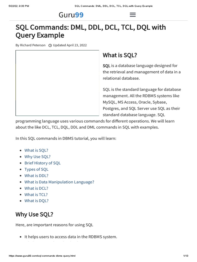 SQL Commands - DML, DDL, DCL, TCL, DQL With Query Example | PDF | Sql ...