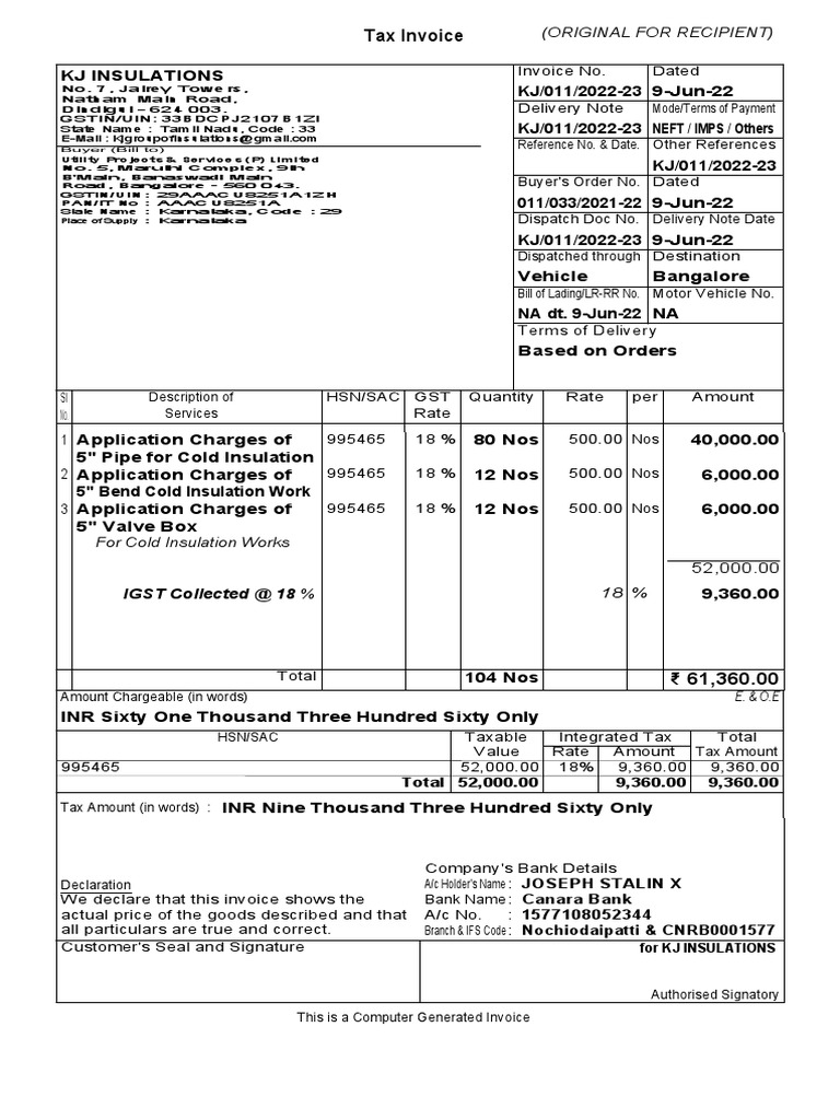 Tax Invoice for Cold Insulation Services | PDF | Economies | Taxation