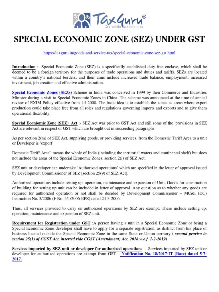 Special Economic Zone (SEZ) Under GST - Taxguru - in | PDF | Value 