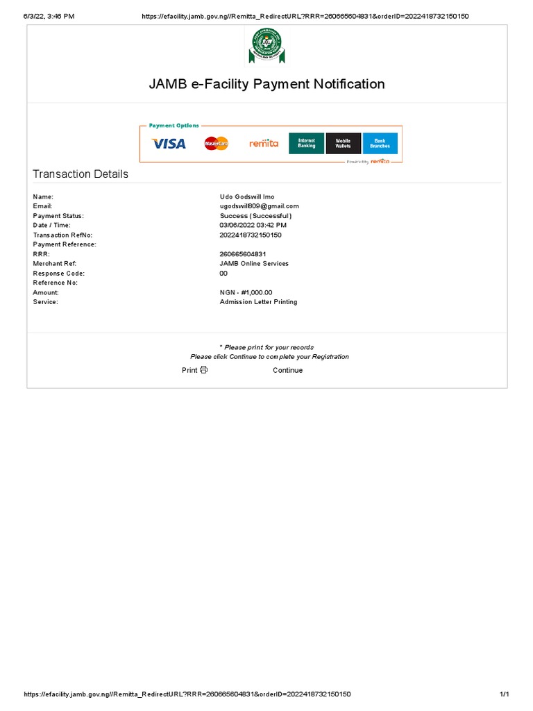 JAMB Remita Printing Receipt PDF