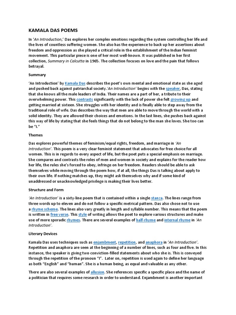 Kamala Das Poems PDF Poetry Feminism