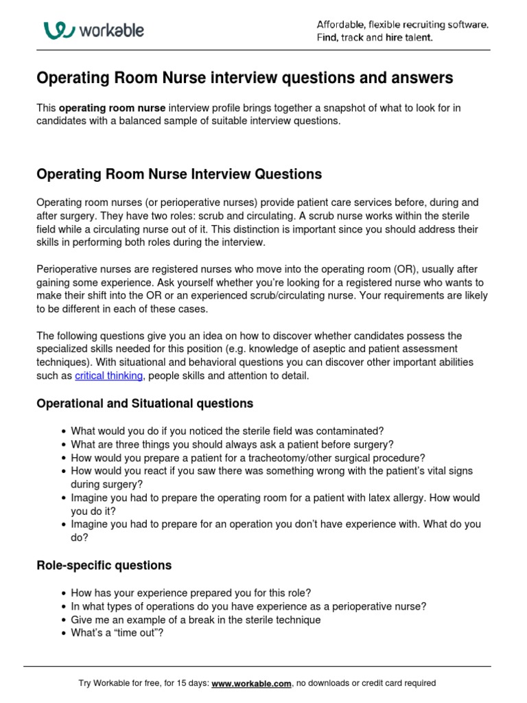 Operating Room Nurse Interview Questions PDF Surgery Operating Theater