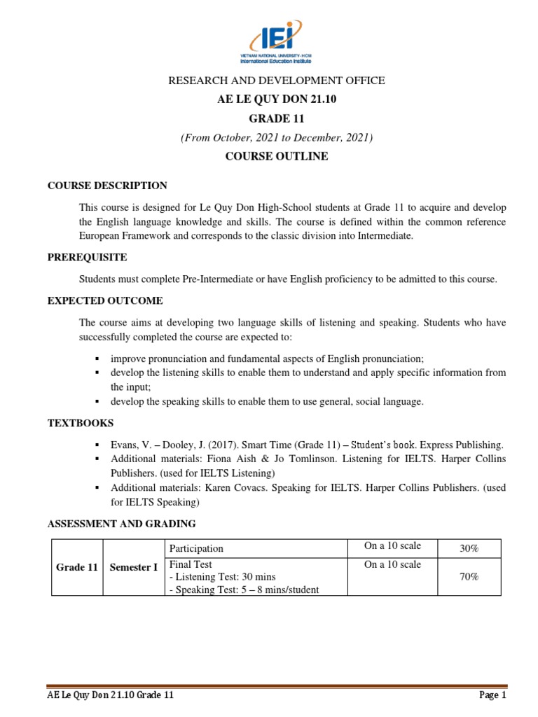 IEI Syllabus For Grade 11 Sem I PDF International English