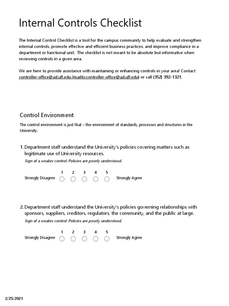 Internal Controls Checklist Control Environment PDF Internal