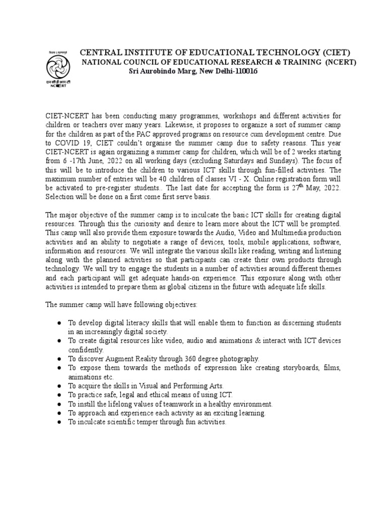 CIET-NCERT Summer Camp 2022 Registration | PDF | Educational Technology