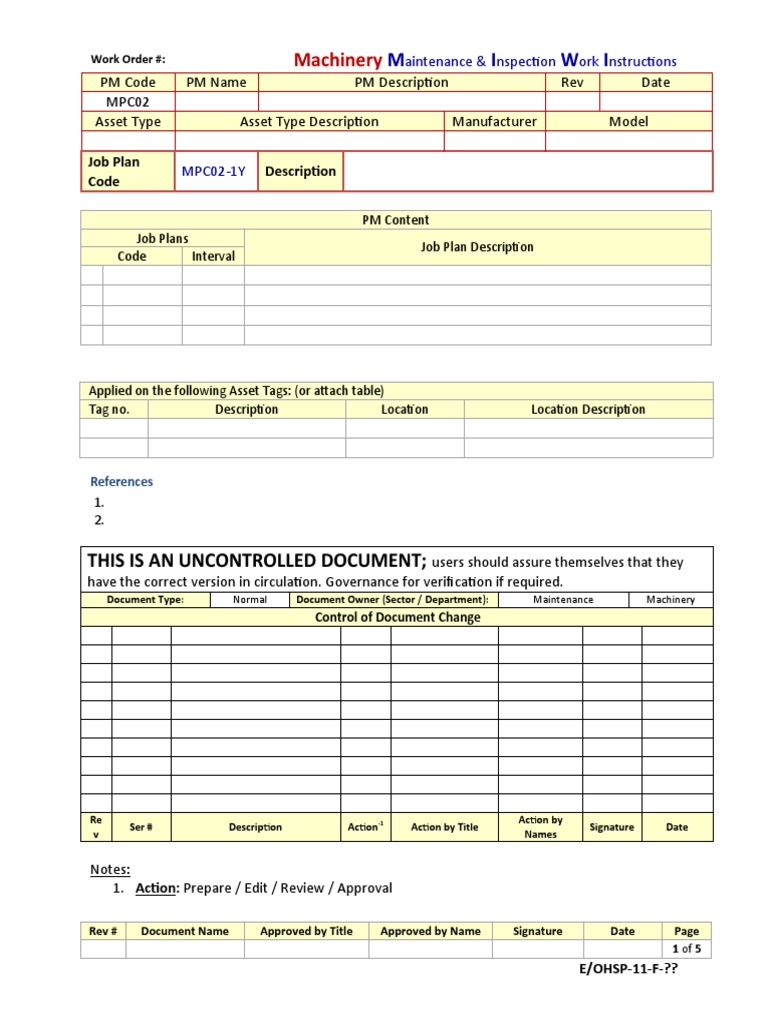 Machinery Maintenance and Inspection Work Instructions Preventative Maintenance Plan for