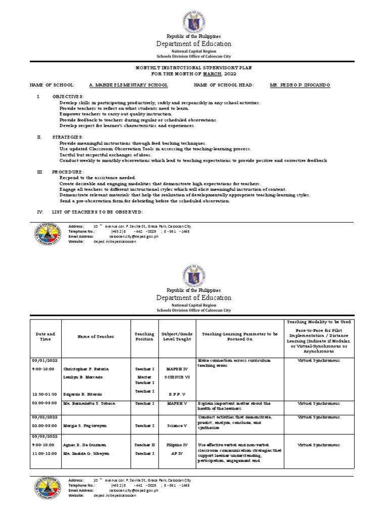 Monthly Instructional Supervisory Plan | PDF | Teachers | Learning