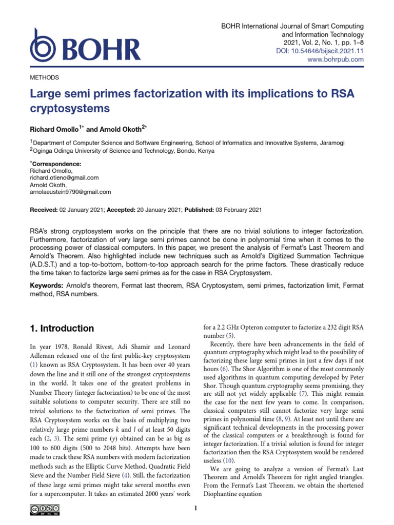 Large Semi Primes Factorization With Its Implications To RSA ...