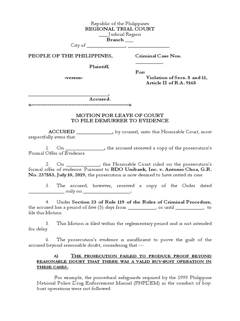 Motion For Leave of Court To File Demurrer To Evidence (Criminal Case