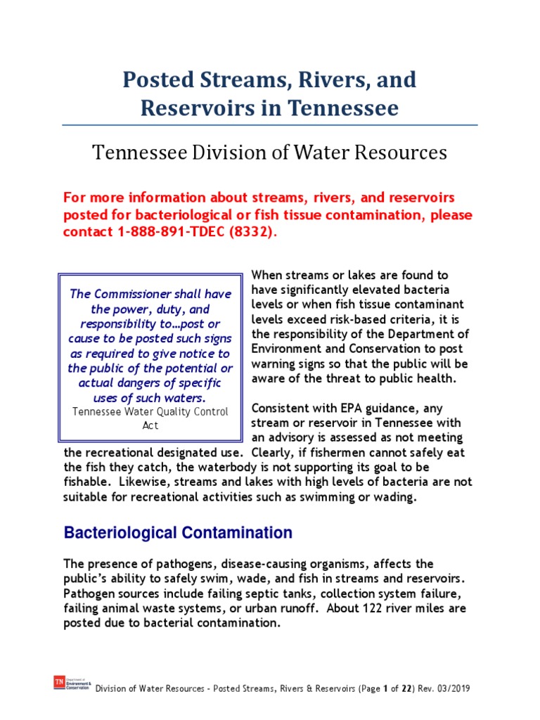 Water Fish Advisories in Some Tennessee Waterways PDF Water