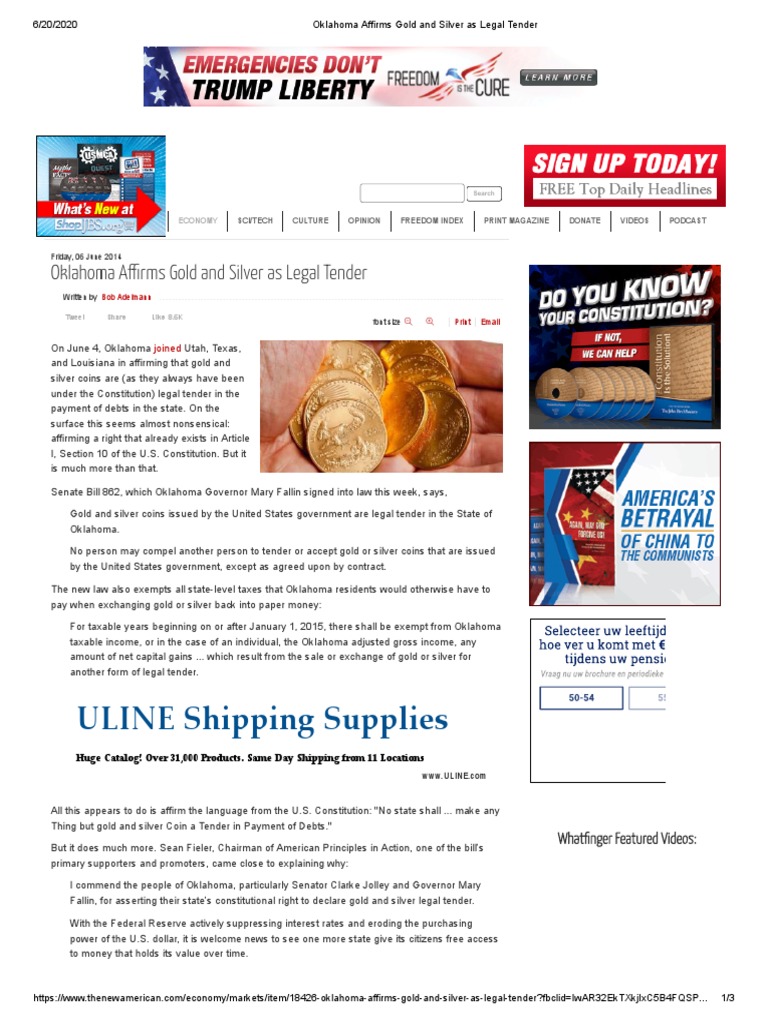ULINE Shipping Supplies Oklahoma A Rms Gold and Silver As Legal Tender