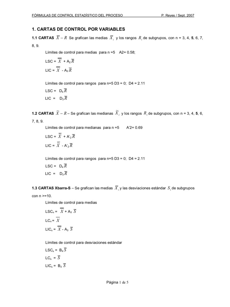 Fórmulas y Gráficas de Control X-R | PDF | Métodos y materiales de ...