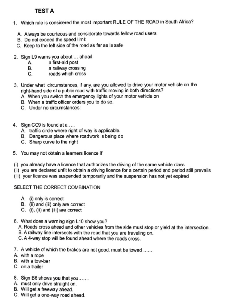 Code 10 Learners Licence Test Questions | PDF | Traffic | Traffic Light