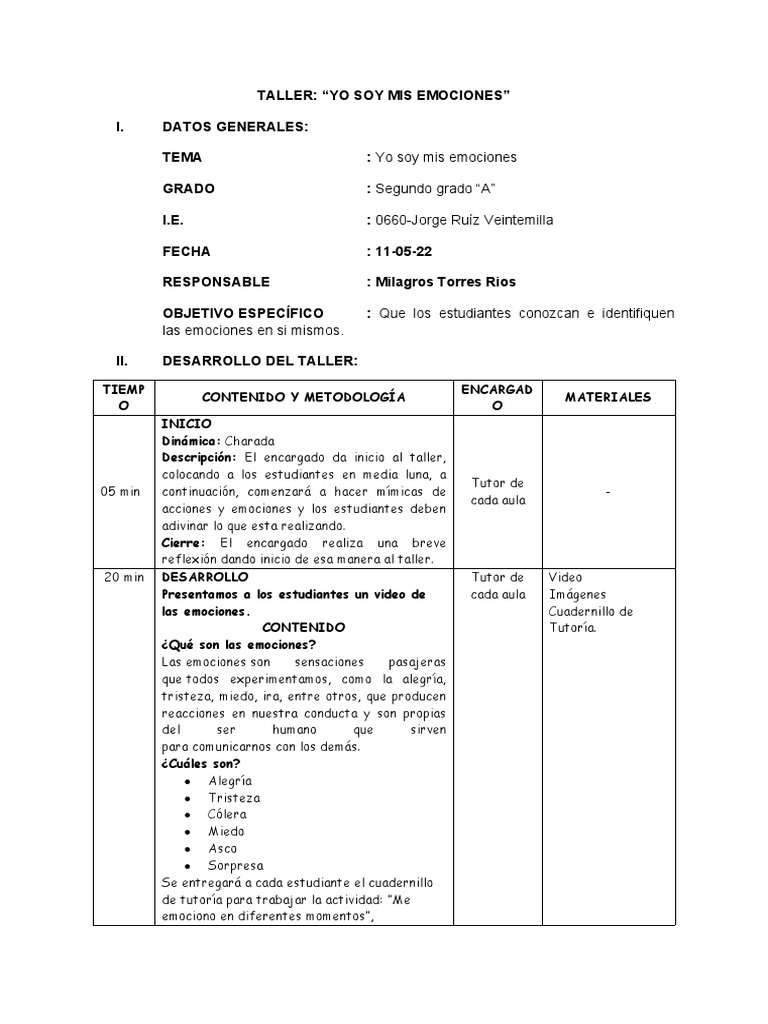Taller de Emociones para Niños de 2° A | PDF | Las emociones ...