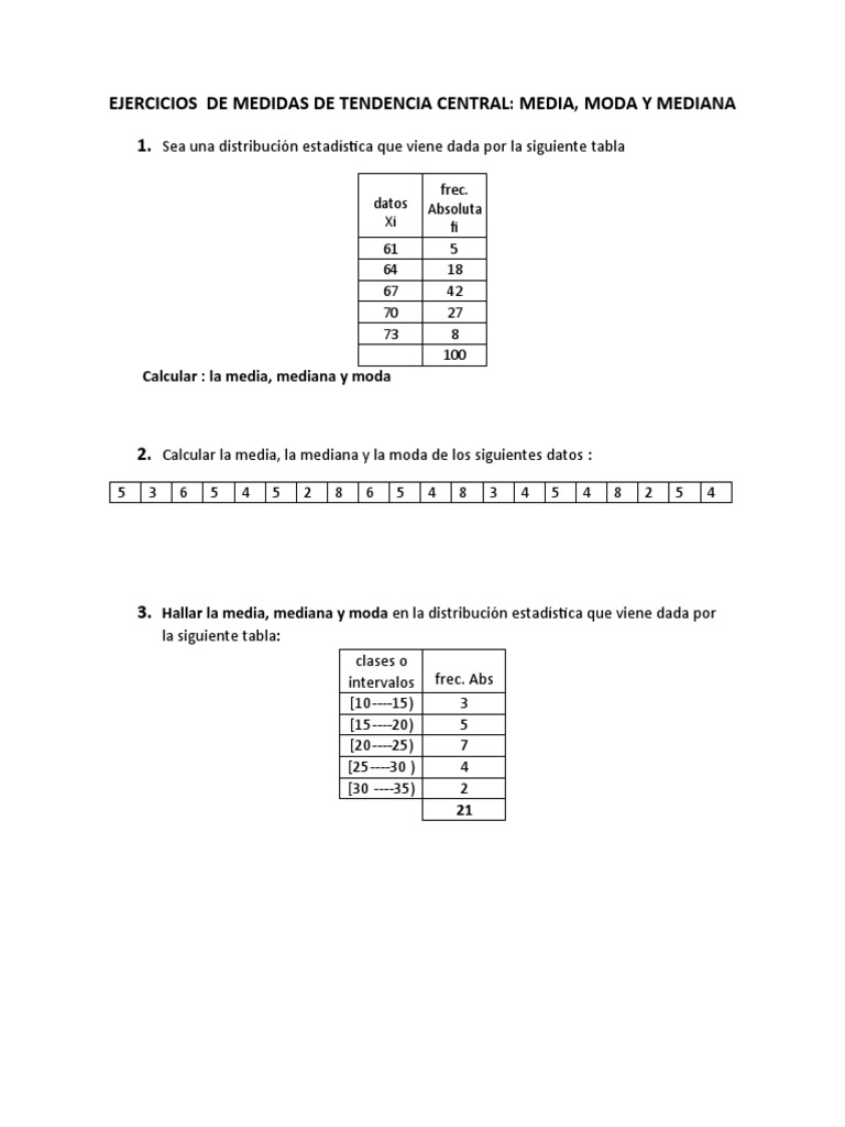 Hoja De Trabajo Mod Ii Ejercicios Medida De Tendencia Central Pdf 