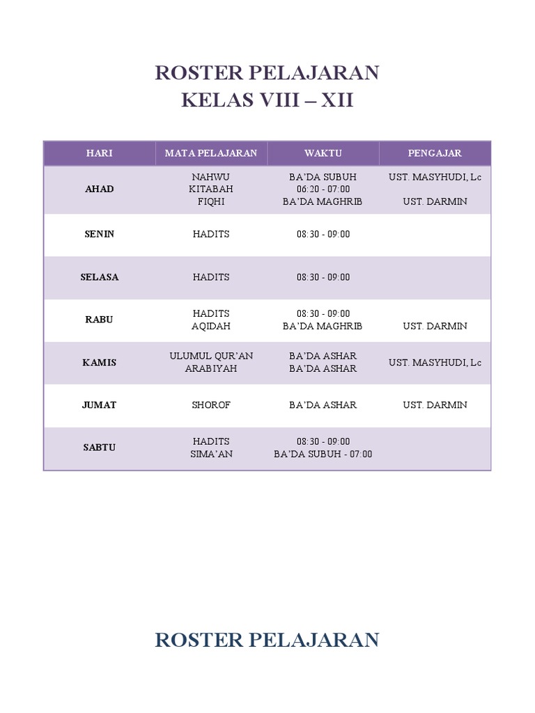 Roster Pelajaran | PDF