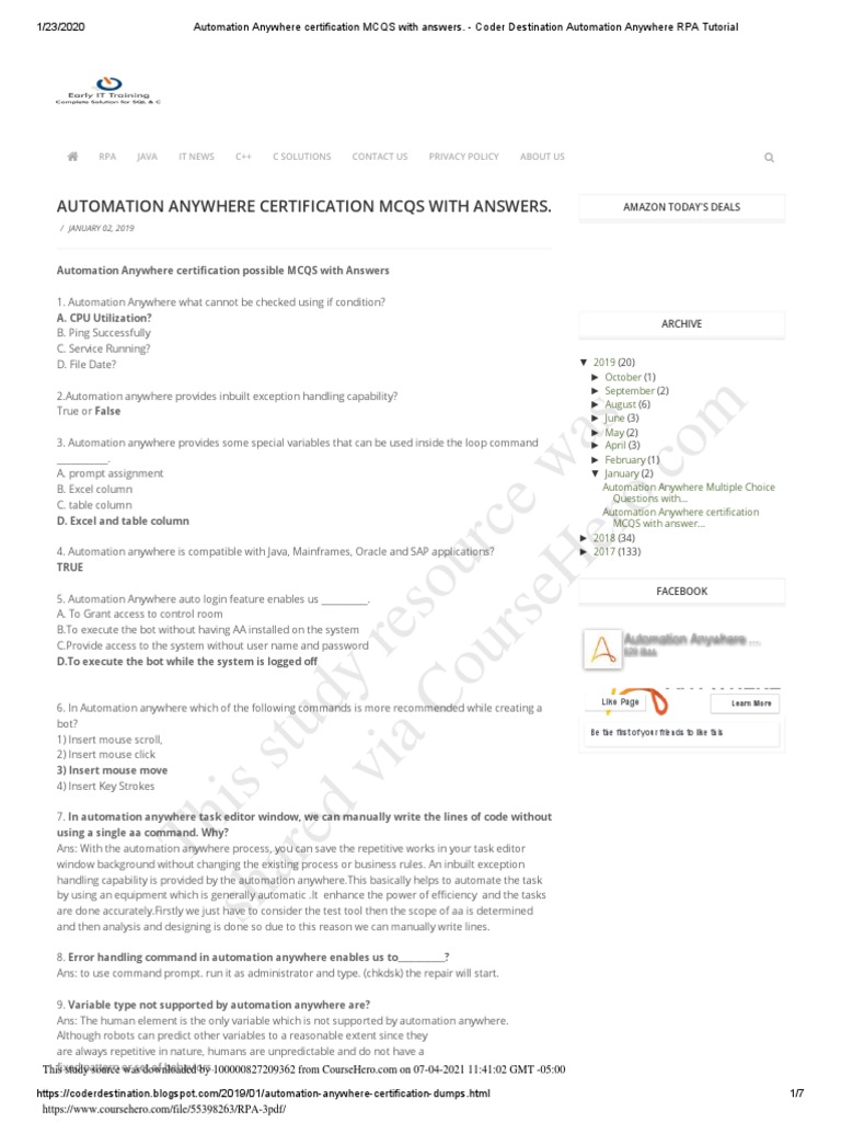 This Study Resource Was Automation Anywhere Certification Mcqs With
