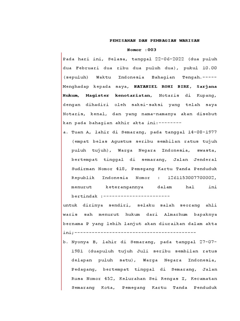 Akta Pemisah - Pembagian Waris Ams | PDF