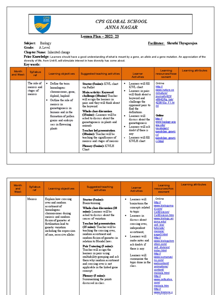 A-Level Biology: Inherited Change | PDF | Learning | Meiosis