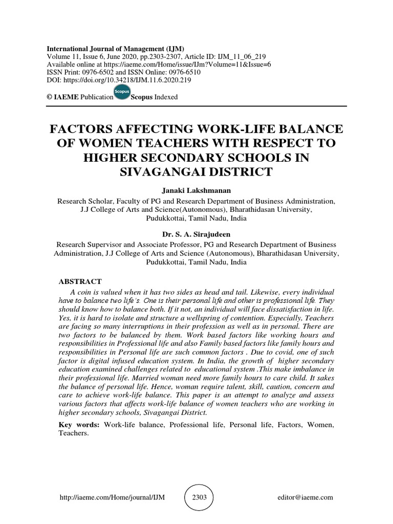 Factors Affecting Work-Life Balance of Women Teachers With Respect To ...