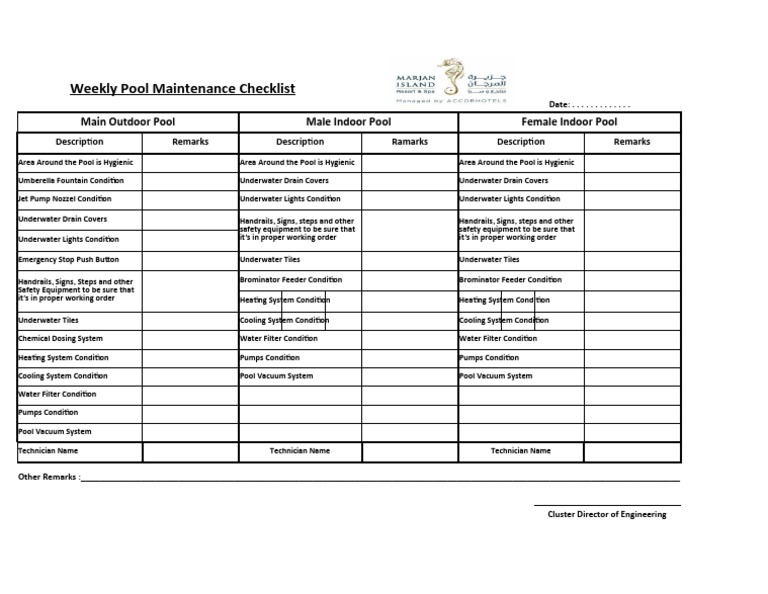 Weekly Pool Maintenance Checklist PDF Swimming Pool Manufactured
