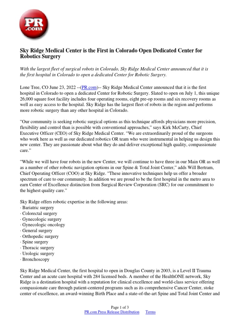 Sky Ridge Medical Center Is The First in Colorado Open Dedicated Center For Robotics Surgery