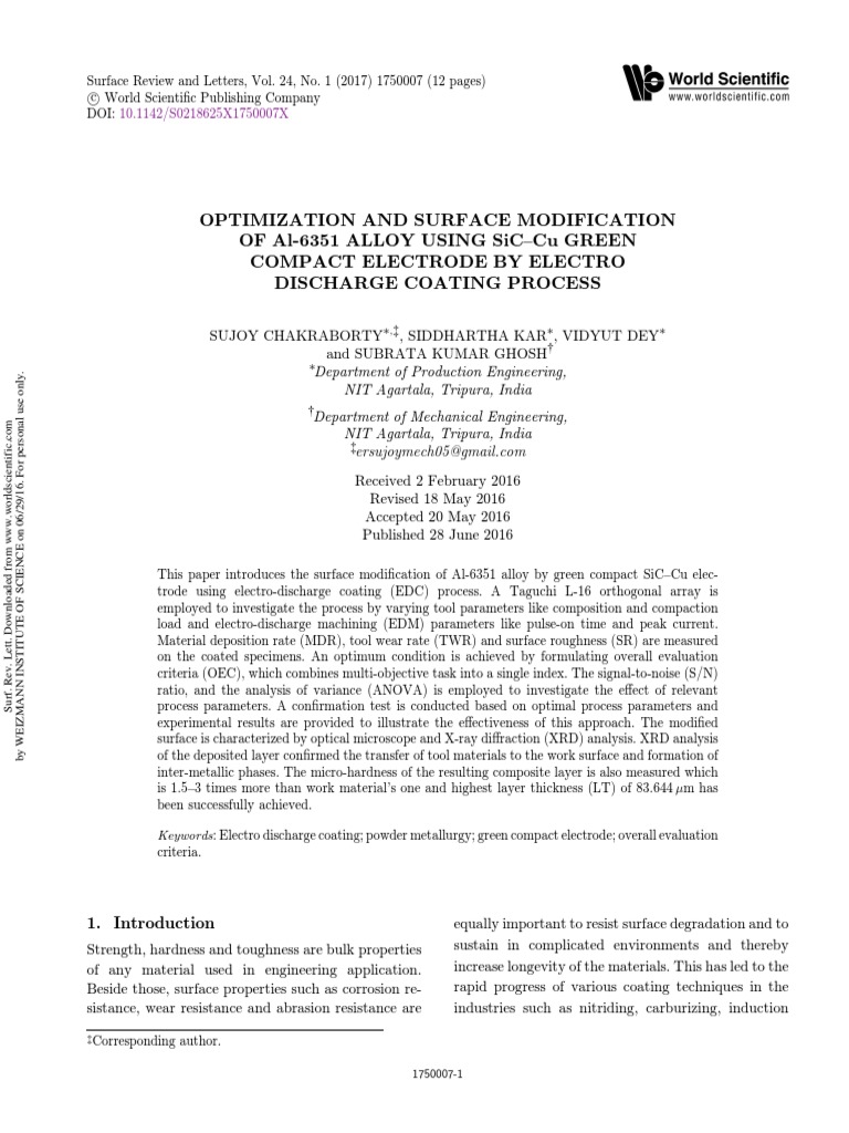 Surface Review and Letters PDF Chemical Vapor Deposition Machining