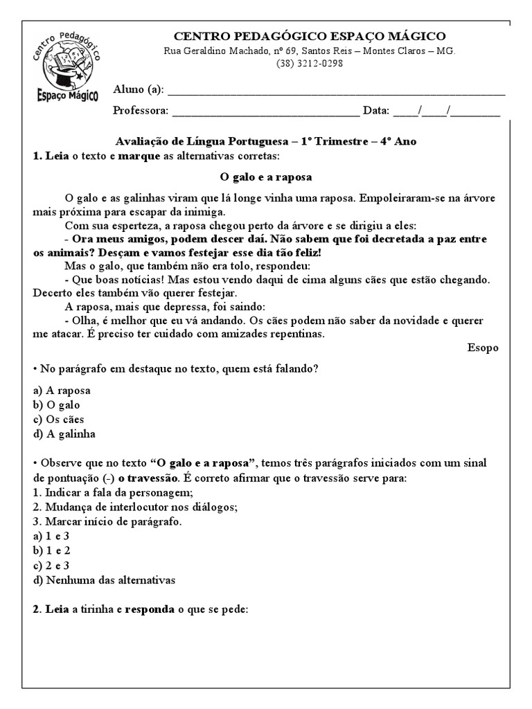Avaliação de Língua Portuguesa 4º Ano | PDF | Sapo | Cães