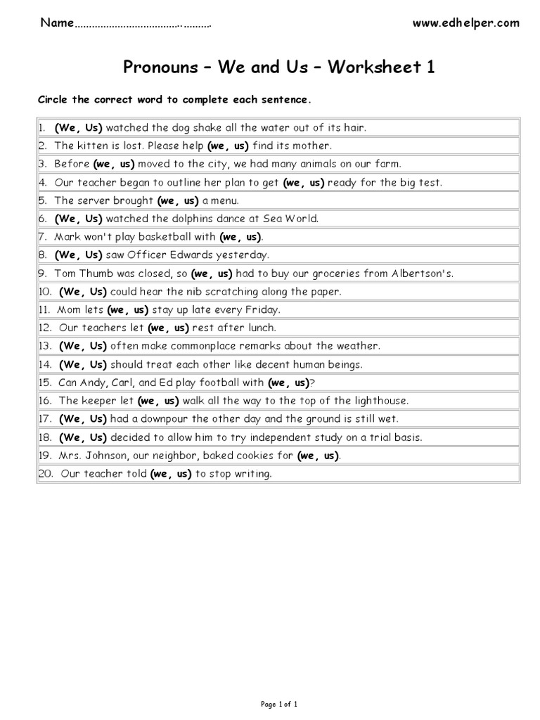 Edhelper Pronouns - We and Us - Worksheet 1 | PDF