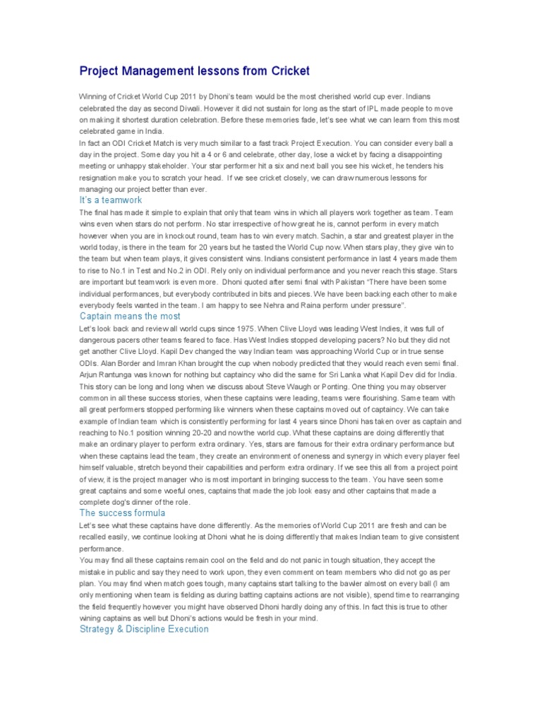 Project Management Lessons From Cricket | PDF | Cricket | Bowling (Cricket)