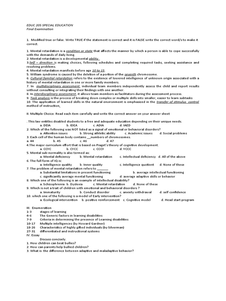 Educ 205 Special Education Final 2022 PDF Intellectual Disability