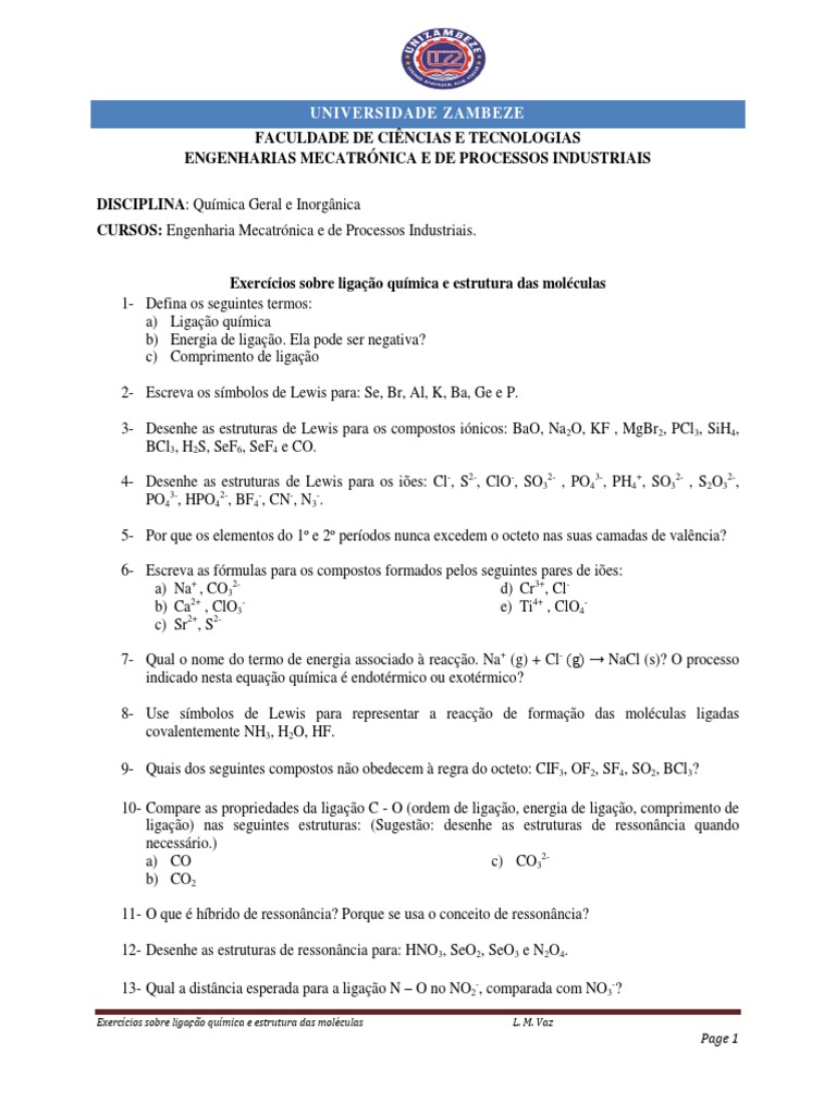 Exercícios sobre Ligações Químicas e Estruturas | PDF | Orbital molecular |  Ligação química, image size:768x1024