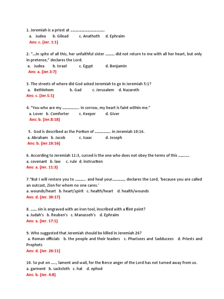 Jeremiah Bible Quiz Questions | PDF | Jeremiah | Kingdom Of Judah