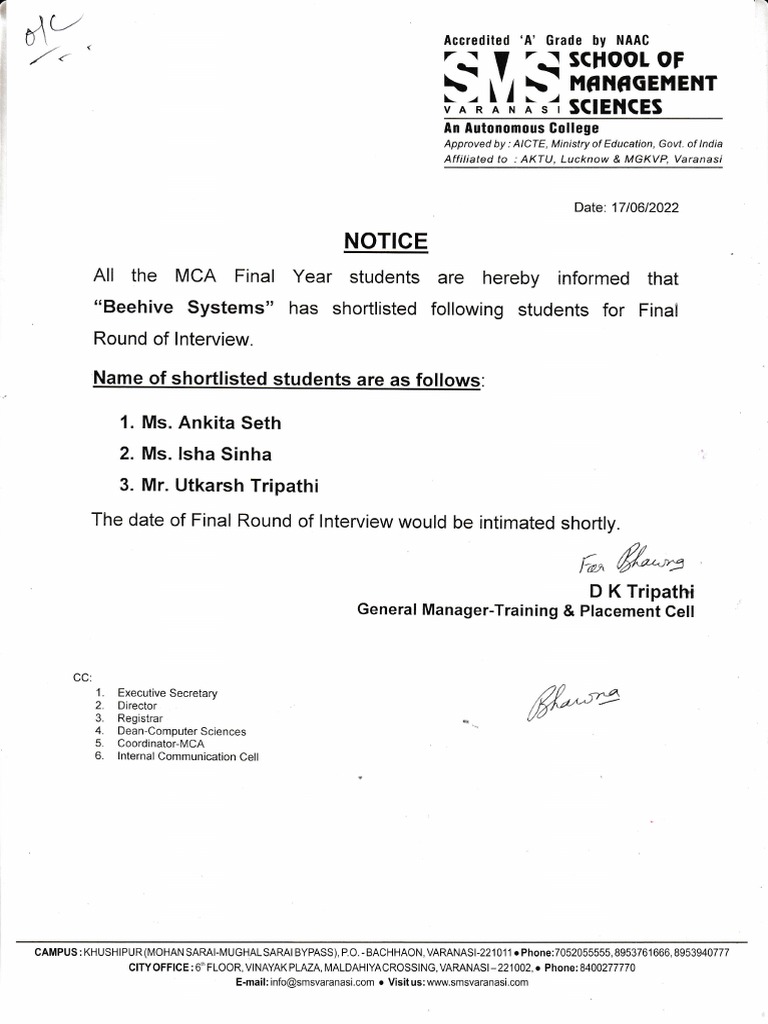 Beehive Systems - MCA - Final Interview - Notice | PDF