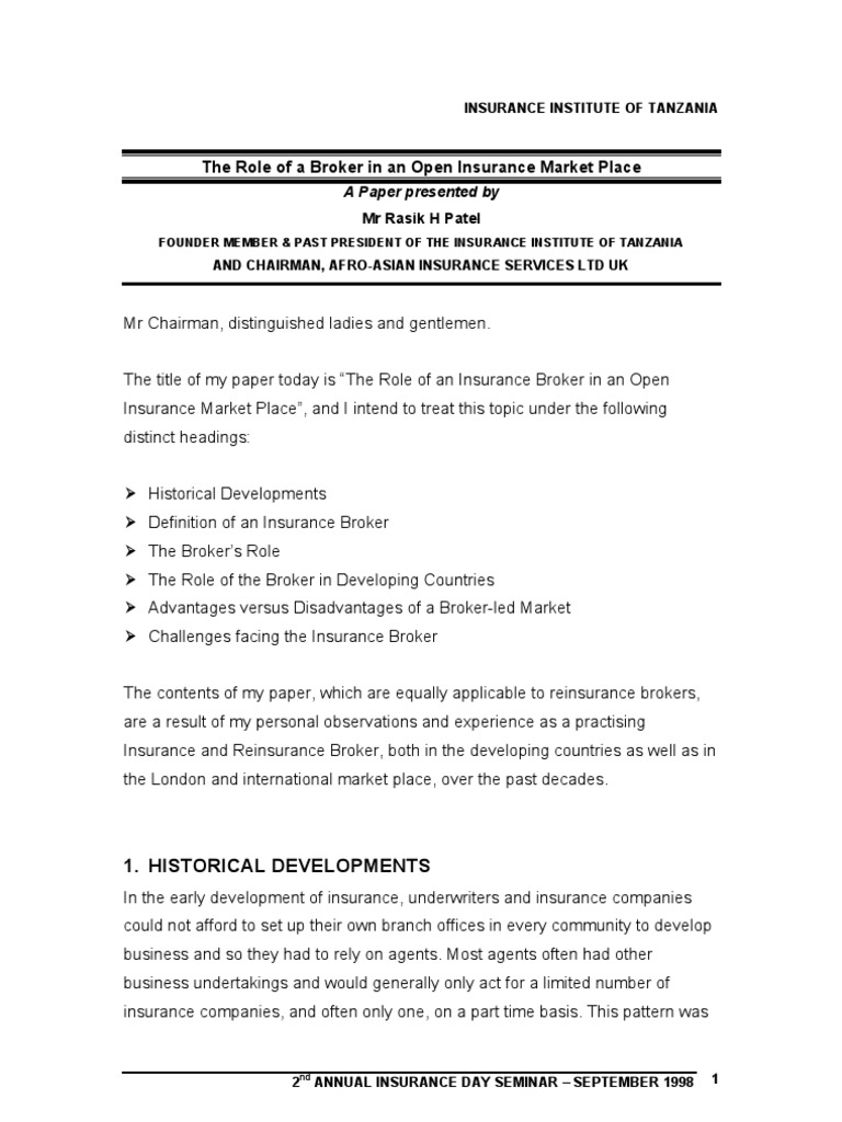Role of Broker PDF Reinsurance Insurance