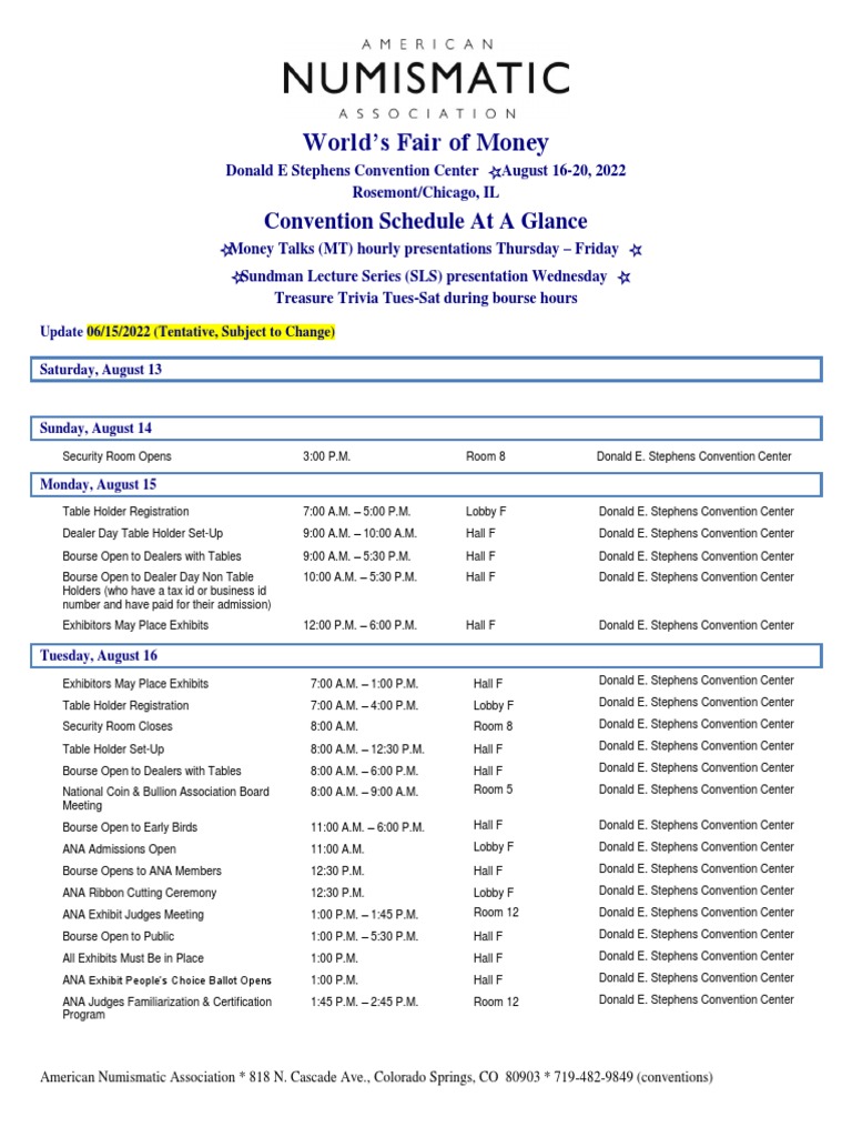 World's Fair of Money® Schedule at A Glance PDF Currency Coins
