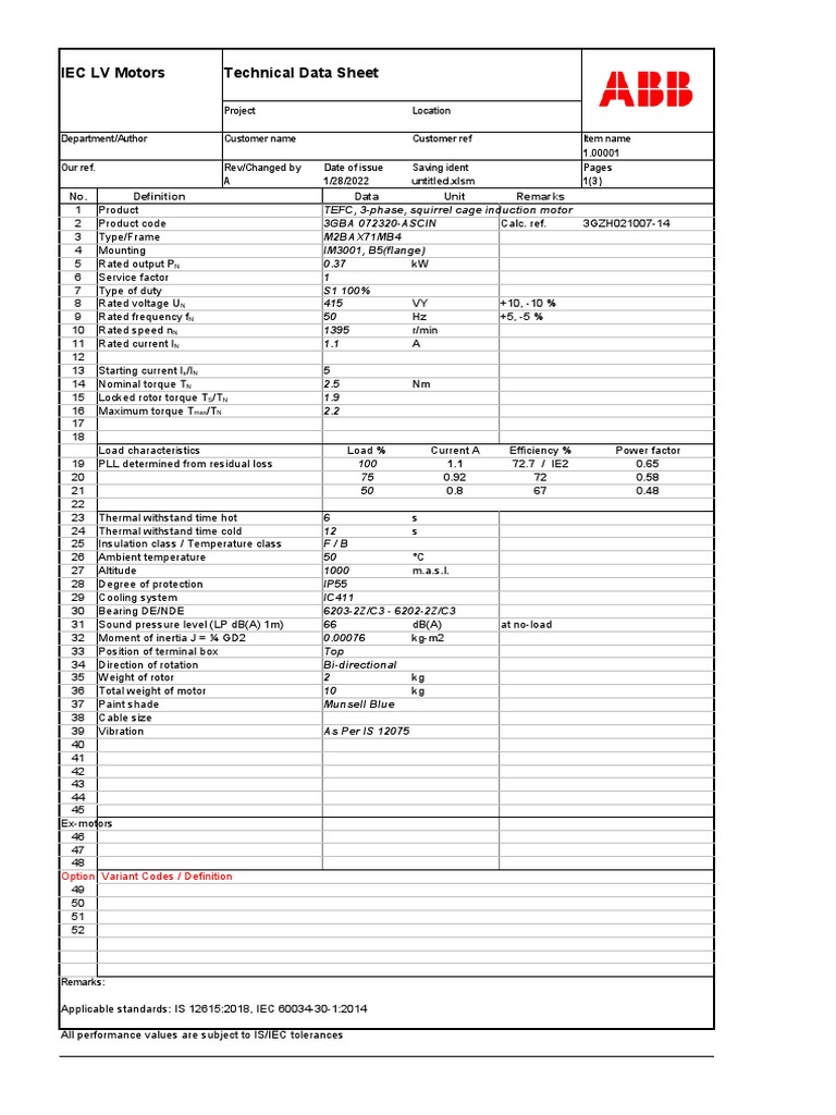 IEC LV Motor Technical Data Sheet | PDF | Electric Motor | Electric Power