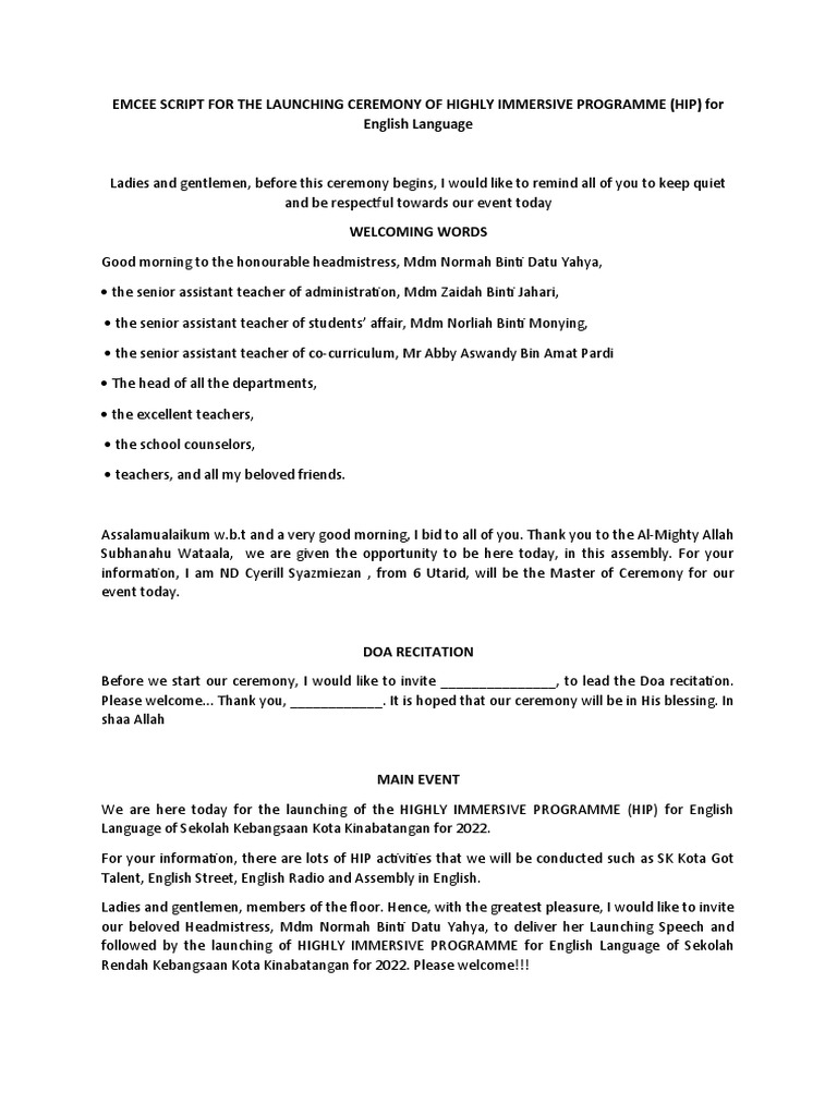 Emcee Script for HIP Launch Ceremony | PDF | Career & Growth | Cooking ...