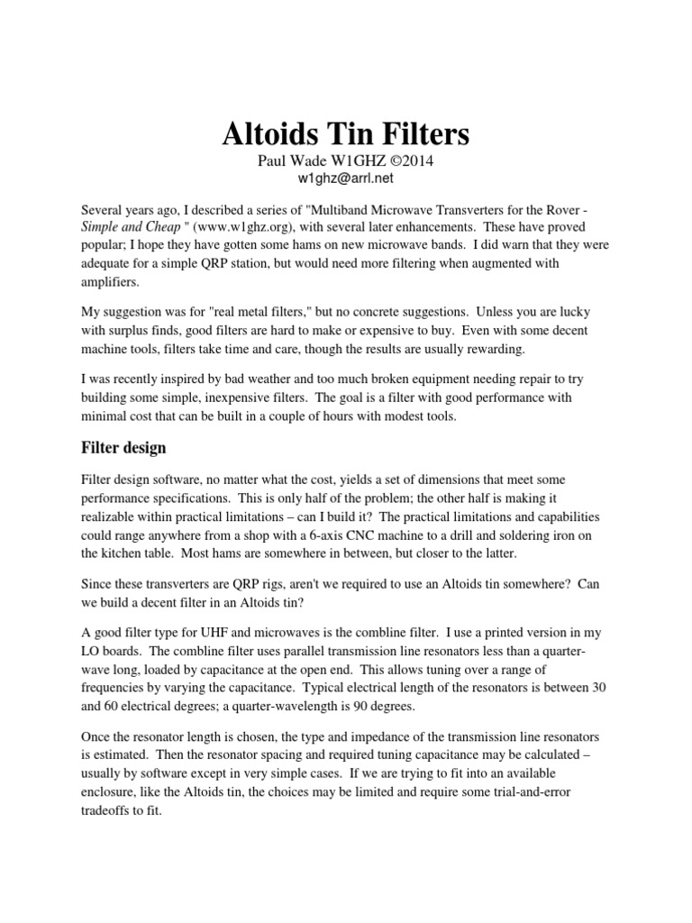 Altoids Tin Filters Paul Wade W1GHZ ©2014 PDF Coaxial Cable