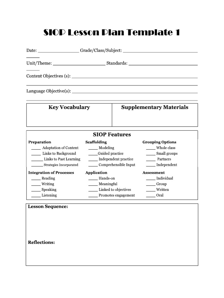 SIOP Lesson Plan Templates 1 2 | PDF