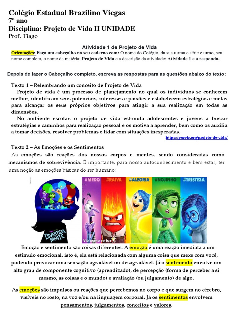Atividades de Projeto de Vida 7º Ano | PDF | Emoções | Empatia