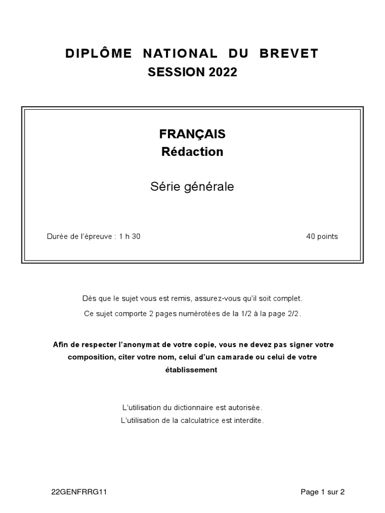 Sujet D imagination Brevet 2022 Corrigé Liban Brevet 2022 Sujet Francais | PDF | Lune