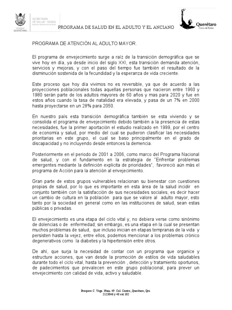 Programa de Salud para Adultos Mayores | PDF | Vejez | Adultos