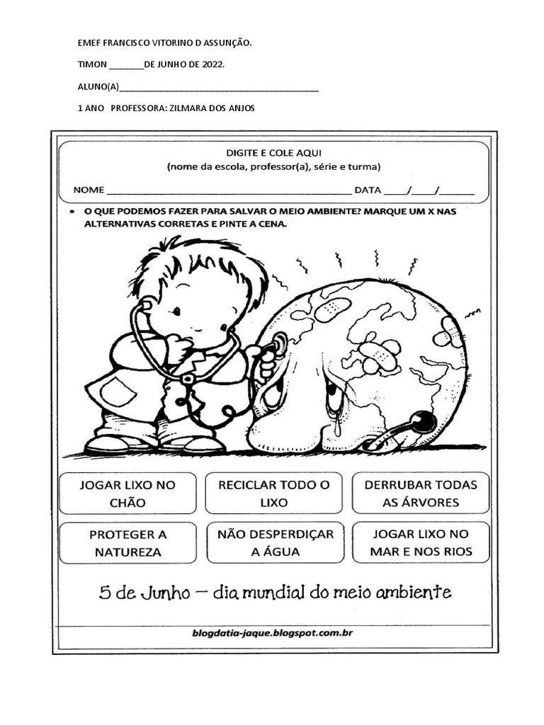 Atividade Sobre o Meio Ambiente 1 Ano | PDF