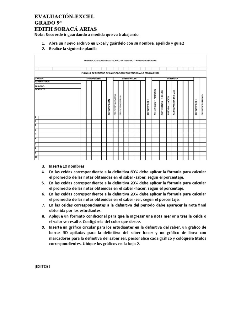 Evaluación Excel 9b Pdf